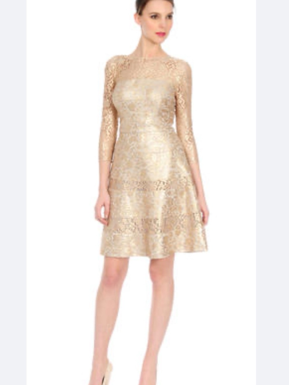 Kay Unger Gold W/ Champagne Lace A-Line Midi Dress